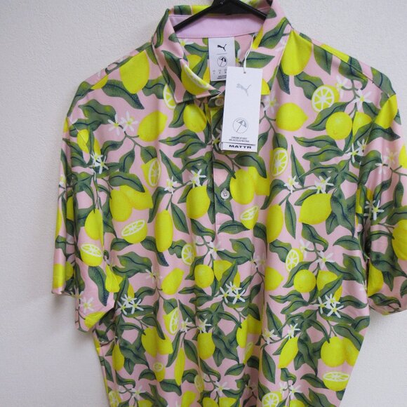NWT Pume Mattr X AP Lemon Branch Golf Polo Shirt Large UPF 40 Green/Yellow/Pink - Picture 1 of 5